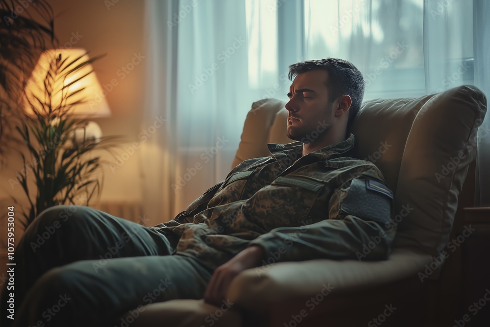 Nervous male military suffering depression, sitting alone at home, PTSD concept Nervous male military suffering depression, sitting alone at home, PTSD concept