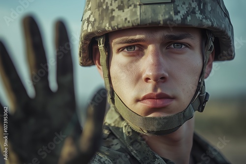 Portrait sad military soldier showing hand gesture to stop the war quickly. AI generated image  photo