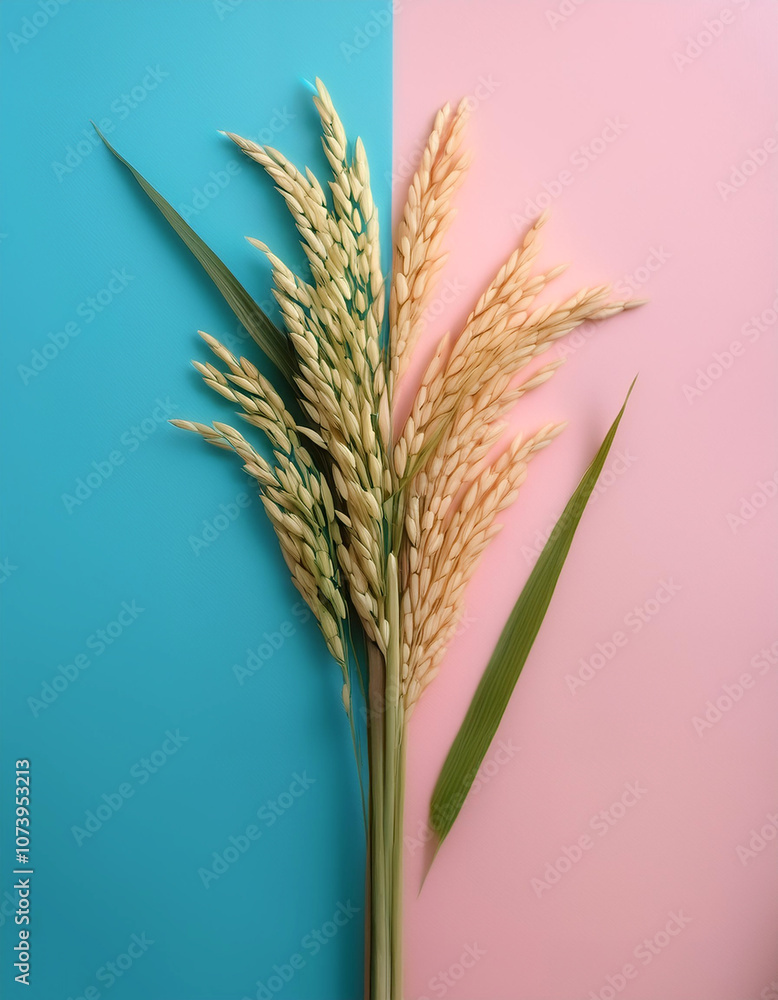 rice ear with leaf, isolated on a soft blue and Pink Pastel rice ear with leaf, isolated on a soft blue and Pink Pastel