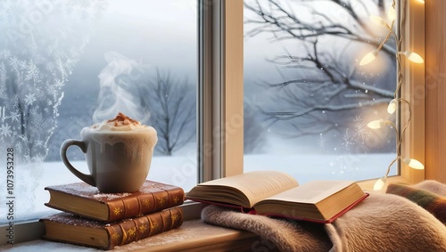 A winter evening photo outdoors: a tree decorated with garlands stands in the snow, next to a wooden table with a mug of hot cocoa and gingerbread. Lights twinkle around, creating a warm, festive atmo