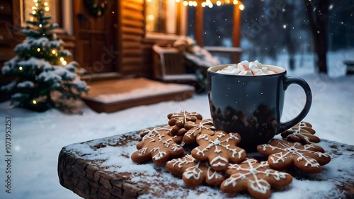 A winter evening photo outdoors: a tree decorated with garlands stands in the snow, next to a wooden table with a mug of hot cocoa and gingerbread. Lights twinkle around, creating a warm, festive atmo
