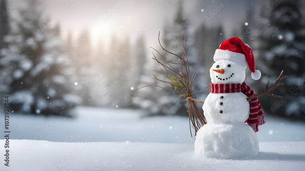 Obraz premium A cheerful snowman wearing a red hat and scarf stands in a snowy landscape with pine trees during a winter sunset