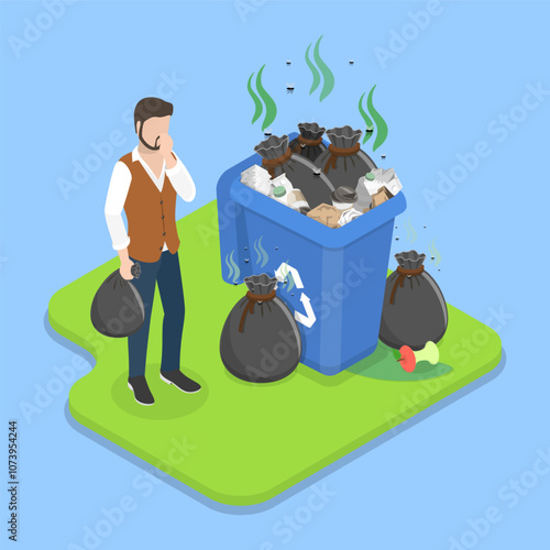 3D Isometric Flat Vector Illustration of Overflowing Trash Can, Big Smelly Pile of Garbage