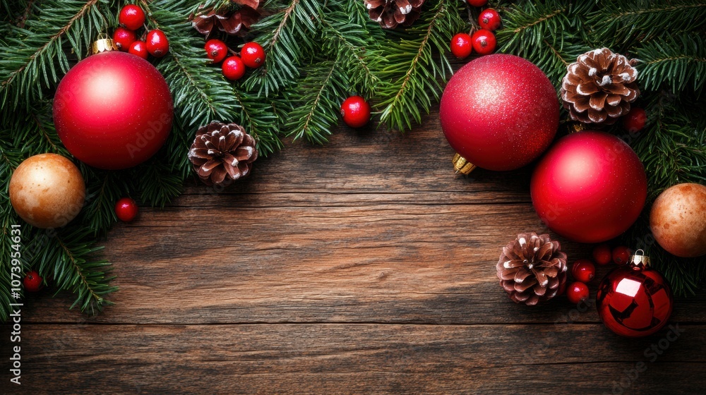 Christmas Decorations with Red Ornaments, Pine Cones, and Greenery on Wooden Background Christmas Decorations with Red Ornaments, Pine Cones, and Greenery on Wooden Background