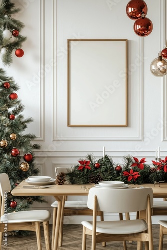 Elegant Scandinavian Style Dining Room with Christmas Decorations Featuring a Blank Portrait Frame