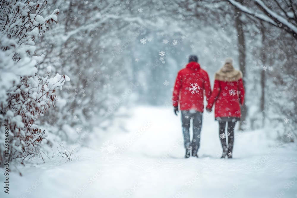 A couple in matching red coats walking hand in hand through a snow-covered winter forest, surrounded by falling snowflakes, creating a cozy and romantic winter scene A couple in matching red coats walking hand in hand through a snow-covered winter forest, surrounded by falling snowflakes, creating a cozy and romantic winter scene