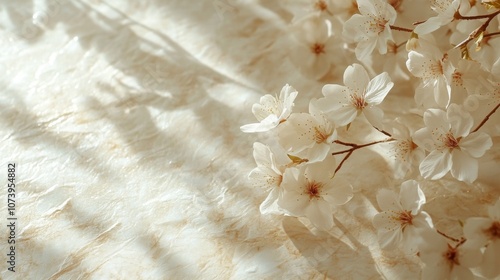 Clean  aesthetic Spring Horizontal banner with sakura flowers. Beautiful nature season background with a branch of blooming cherry. Copy space for text, selective focus