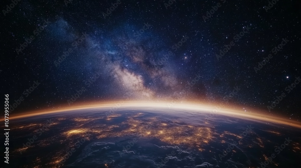 Beautiful milky way galaxy on the starry sky above the planet earth with city light Beautiful milky way galaxy on the starry sky above the planet earth with city light