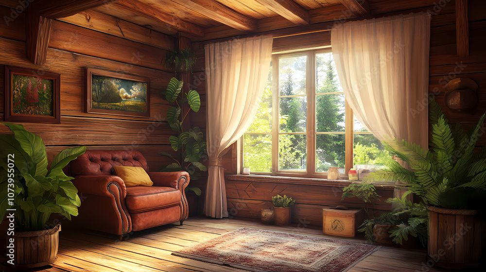 A cozy, rustic living room with wooden walls, floor, and ceiling. the room features a large window with sheer curtains, comfortable leather armchair. plants and decorative items. Rustic. Illustration A cozy, rustic living room with wooden walls, floor, and ceiling. the room features a large window with sheer curtains, comfortable leather armchair. plants and decorative items. Rustic. Illustration