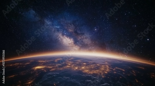 Beautiful milky way galaxy on the starry sky above the planet earth with city light 