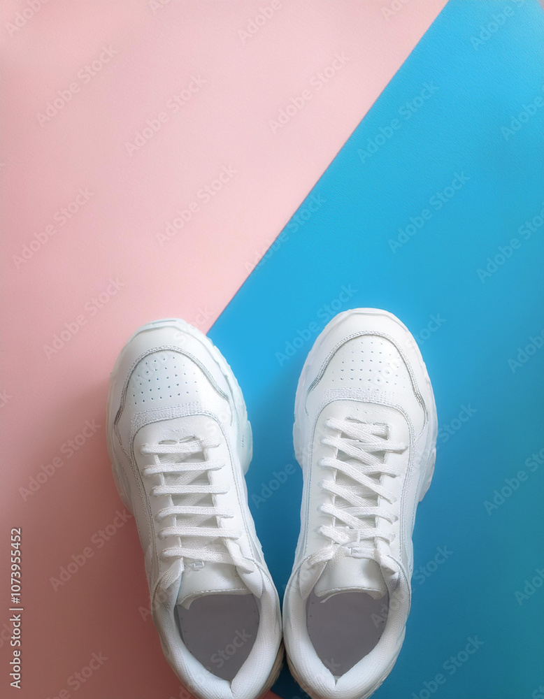 Plain white sneakers with minimalist design, sneakers, isolated on a soft blue and Pink Pastel Plain white sneakers with minimalist design, sneakers, isolated on a soft blue and Pink Pastel