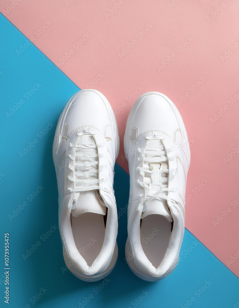 Plain white sneakers with minimalist design, sneakers, isolated on a soft blue and Pink Pastel Plain white sneakers with minimalist design, sneakers, isolated on a soft blue and Pink Pastel