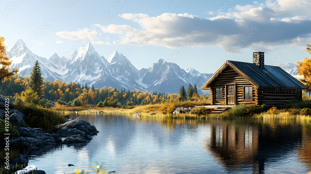 Naklejka premium A rustic cabin sits by a tranquil lake with a view of snow-capped mountains in the distance. Rustic. Illustration