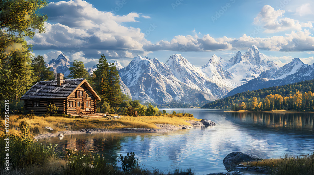 Fototapeta premium A rustic cabin sits by a tranquil lake with a view of snow-capped mountains in the distance. Rustic. Illustration