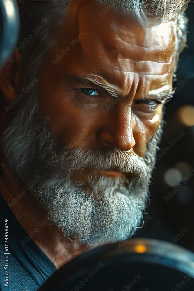 Fototapeta premium Old man lifting light weights at a gym, looking determined, focused on staying healthy, surrounded by exercise equipment