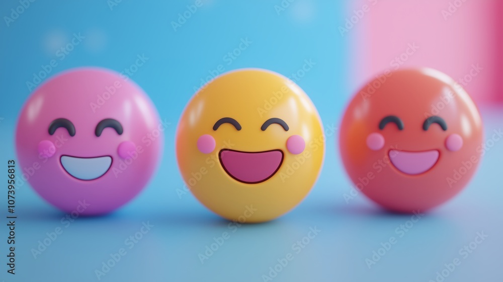 Colorful 3D Render of Smiling Emoticons on Vibrant Background Colorful 3D Render of Smiling Emoticons on Vibrant Background