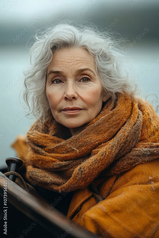 Old woman sailing a small boat on a calm lake, holding the wheel, wind in his hair, with a determined look and a sense of freedom Old woman sailing a small boat on a calm lake, holding the wheel, wind in his hair, with a determined look and a sense of freedom