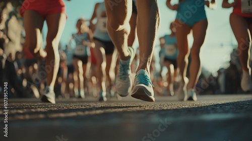 Close-up photo of multiple peoplea??s legs running during a marathon race, jogging and sports concept photo