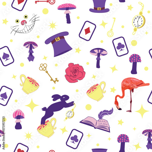 Wonderland pattern elements rabbit, Cheshire cat, flamingo cards hat cup and mushrooms and clock