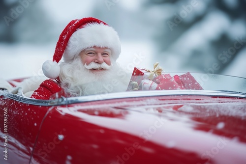 Santa Claus is sitting in his red sports car with red present box against the background of a blurred winter forest. New Year and Christmas holidays