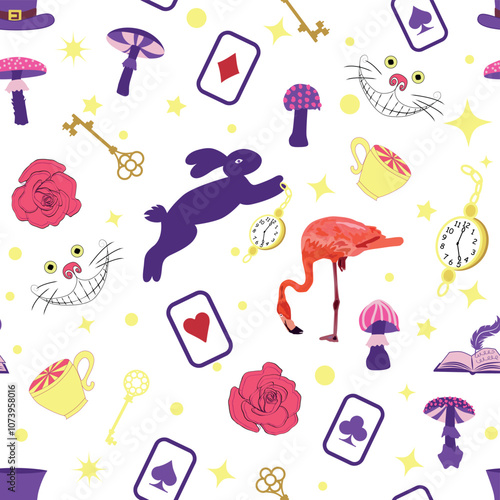 Wonderland pattern elements rabbit, Cheshire cat, flamingo cards hat cup and mushrooms and clock