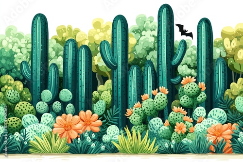 Exploring a vibrant desert landscape with diverse flora and fauna at sunset