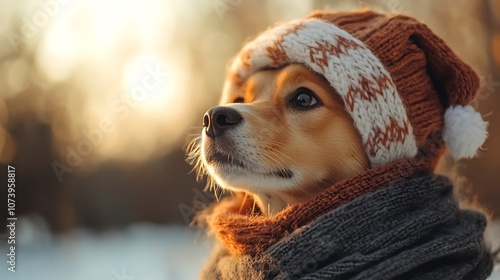 Portrait of a young dog wearing Christmas outdoors 