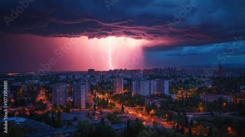 Lightning Strike Over a Nighttime Cityscape