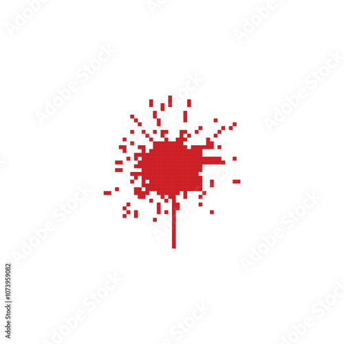 Red blood splatter in pixel art style. Pixelated blood stain with drips in a retro design. photo