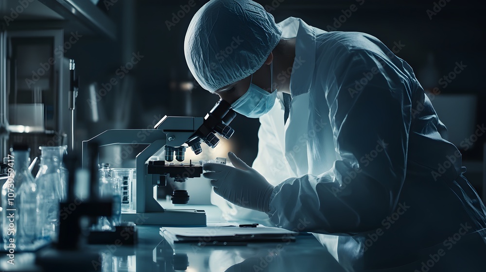 A forensic scientist in a crime lab examining evidence A forensic scientist in a crime lab examining evidence