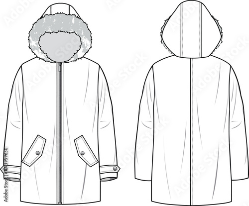 Unisex Hooded Coat. Technical fashion illustration. Front and back, white color. Unisex CAD mock-up.