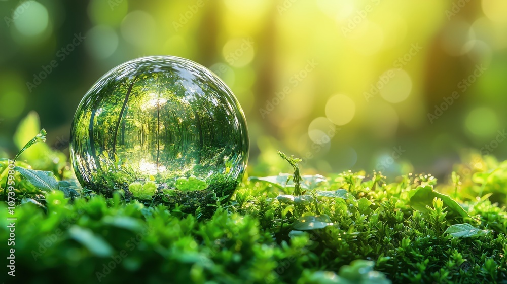 Close-Up of a Crystal Ball Reflecting a Vibrant Green Forest with Sunlight Close-Up of a Crystal Ball Reflecting a Vibrant Green Forest with Sunlight