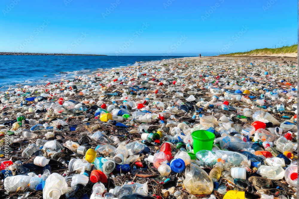 A beach littered with plastic waste, highlighting the environmental impact of pollution and the need for recycling and conservation efforts. Generative AI A beach littered with plastic waste, highlighting the environmental impact of pollution and the need for recycling and conservation efforts. Generative AI
