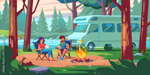 Couple relaxing by the campfire, enjoying nature, camper van in the background, vibrant colors