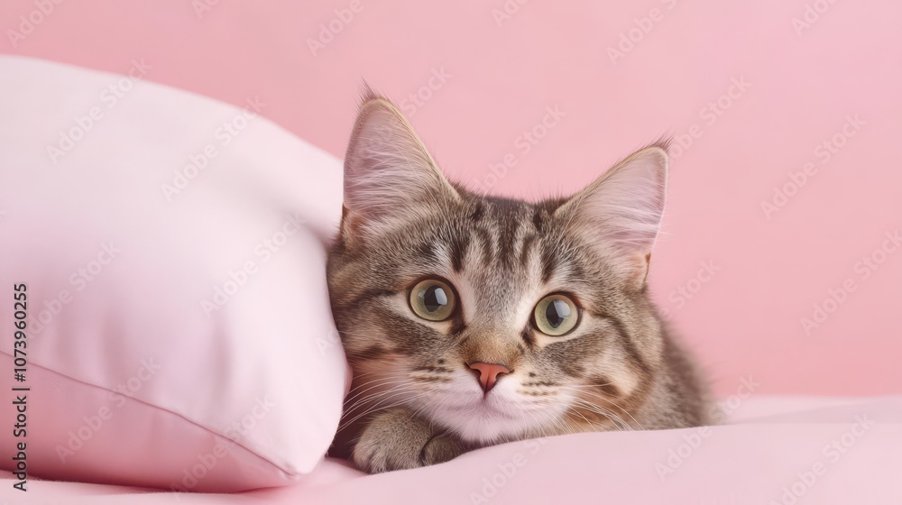 Curious cat stealthily hunts for a toy while hiding behind a light pink pillow in a cozy setting Curious cat stealthily hunts for a toy while hiding behind a light pink pillow in a cozy setting