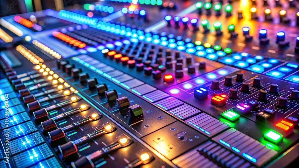 A futuristic audio control panel with knobs, sliders, and visualizers, each component glowing as it processes live podcast audio A futuristic audio control panel with knobs, sliders, and visualizers, each component glowing as it processes live podcast audio