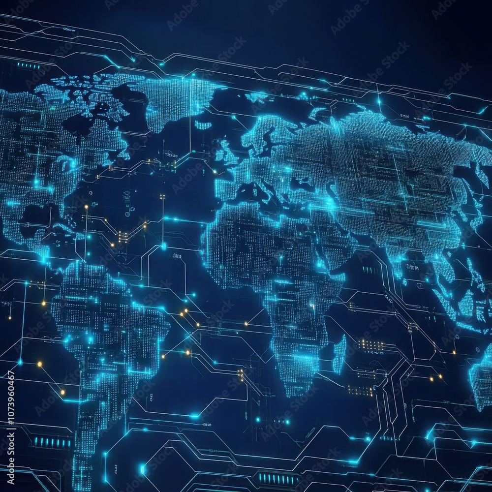 A digital representation of a world map illuminated with blue lights, showcasing a network of data across continents and connecting points. A digital representation of a world map illuminated with blue lights, showcasing a network of data across continents and connecting points.