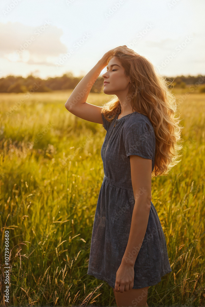 Woman in a meadow bathed in soft sunlight, hand gently touching her face, embracing a moment of peace and connection with nature. Generative AI Woman in a meadow bathed in soft sunlight, hand gently touching her face, embracing a moment of peace and connection with nature. Generative AI