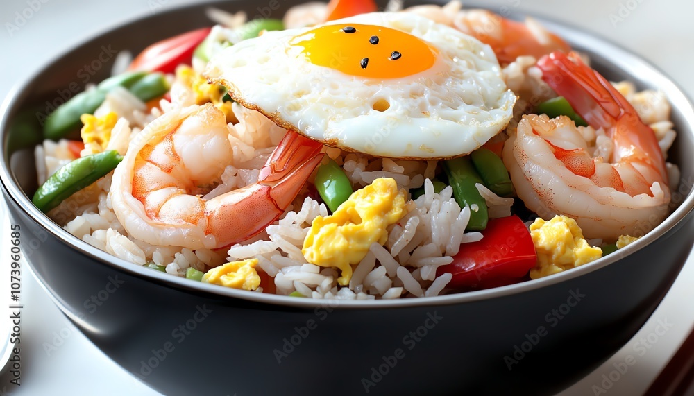 Delicious shrimp fried rice topped with egg, perfect Asian flavor in a bowl. Delicious shrimp fried rice topped with egg, perfect Asian flavor in a bowl.