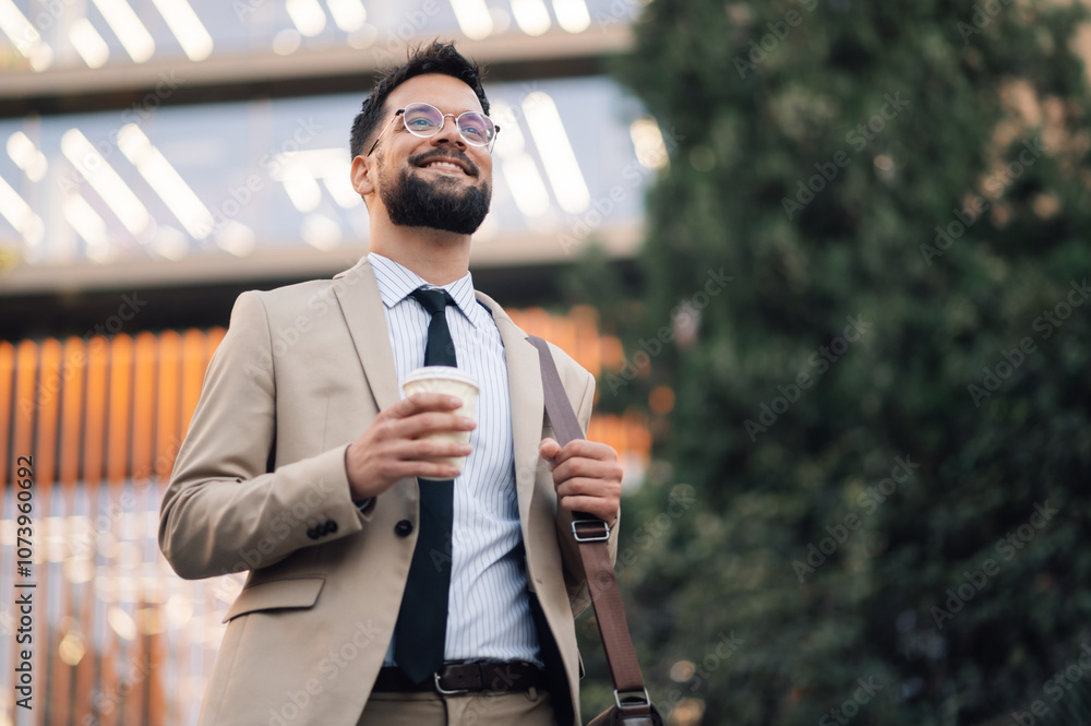 Fototapeta premium Smiling businessman holding coffee walking outside office building