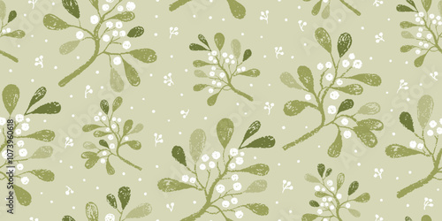 Mistletoe pattern. Seamless Christmas background. Crayon winter leaf and flower chalk or watercolor pattern. Holiday holly mistletoe leaf and berry floral background. Cute repeat pine Xmas Noel pastel