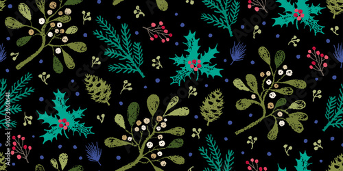Winter pattern. Christmas seamless floral background. Crayon mistletoe forest. Holiday vector print with plant. Vintage holly berry winter seamless pattern. Christmas flower. Chalk on floral black bg