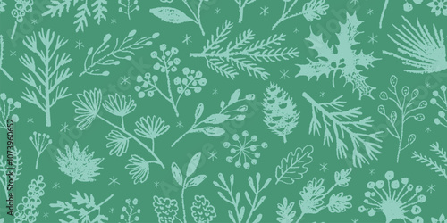Christmas pattern. Seamless floral vector. Crayon pastel plant. Winter and Christmas flower background. Green mint holiday design with mistletoe branch, berry. Crayon childish element. Cute pattern bg