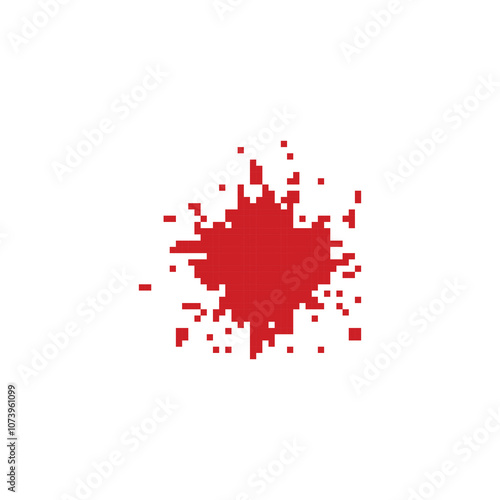 Red blood splatter in pixel art style. Pixelated blood stain with drips in a retro design. photo