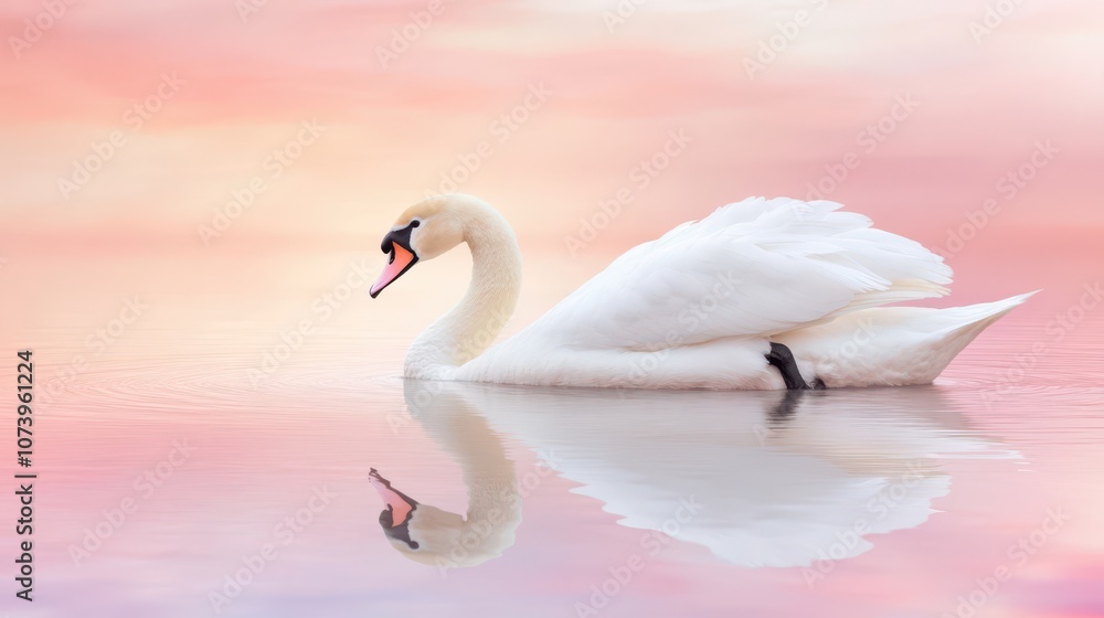 Fototapeta premium A serene white swan glides on a peaceful lake, with the sunset reflecting pink and purple hues