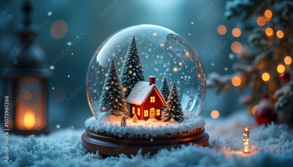 Fototapeta premium Snow globe with red house, trees and falling snow. Winter holiday decoration. Festive Christmas scene for greeting card, banner, or background. New Year celebration design, winter wonderland.