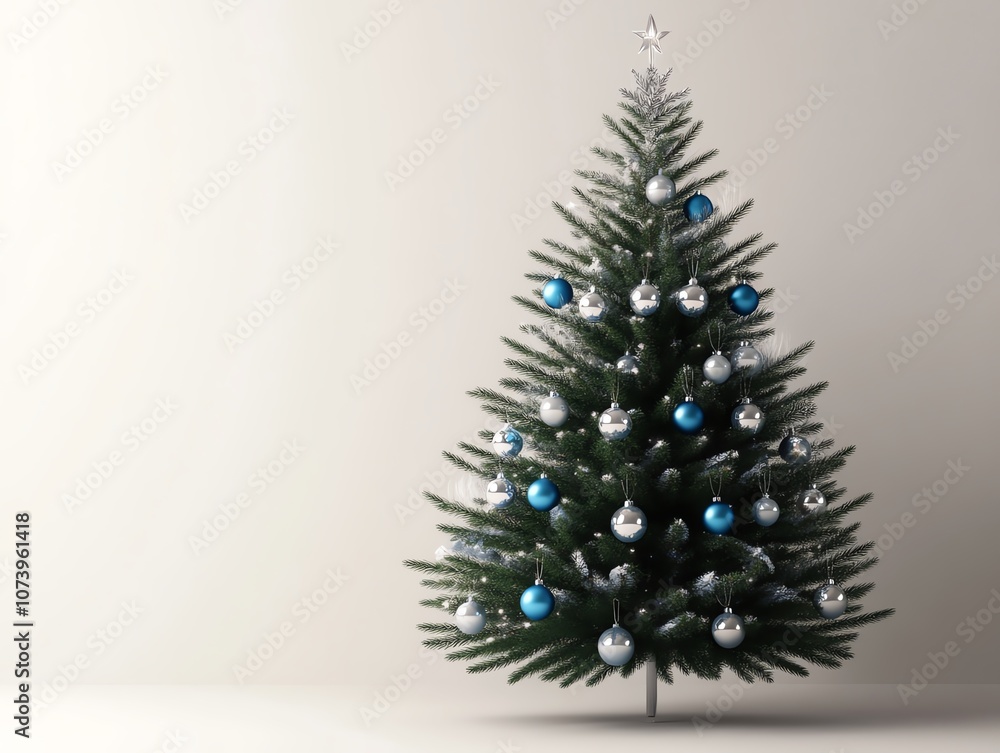 Elegant Christmas tree with blue and silver ornaments against a neutral background. Elegant Christmas tree with blue and silver ornaments against a neutral background.
