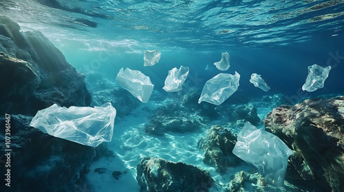 Marine life encounters biodegrading plastic bags in crystal clear ocean waters, showcasing the environmental impact of plastic pollution photo