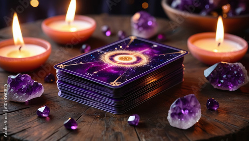 Mystical Magical Glowing Tarot Cards Deck with Purple Amethyst Crystals and Burning Candles: Fortune Teller, Esoteric Medium, Reading Future and Horoscope