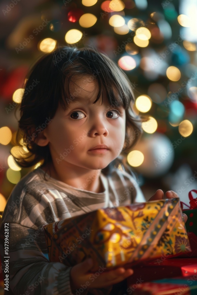 Confused Child Unwrapping Festive Gift with Christmas Tree in Background Confused Child Unwrapping Festive Gift with Christmas Tree in Background